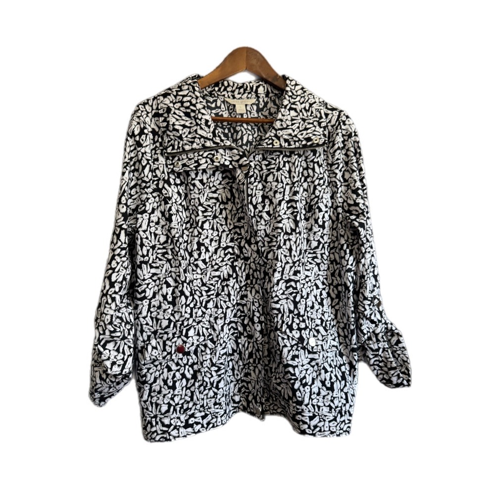 Laura Ashley Jacket Women Large Black White Abstract ZipUp Excellent Lightweight